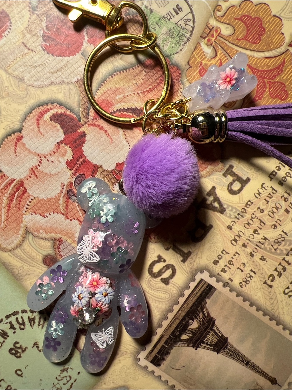 Purple Floral Resin Bear Keychain, backpack or purse charm.